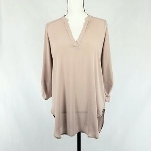 Lush Split Neck Roll Sleeve Tunic- Rosey Taupe